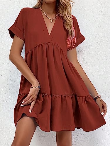 Image of WDIRARA Women's Roll Up Short Sleeve V Neck Ruffle Hem Solid Swing Smock Dress