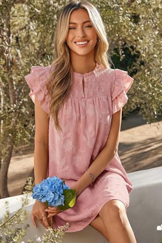 Image of Dokotoo Womens Summer Dresses 2026 Ruffle Short Sleeve Casual V Neck Smocked Floral Burnout Mini Dress Sundress