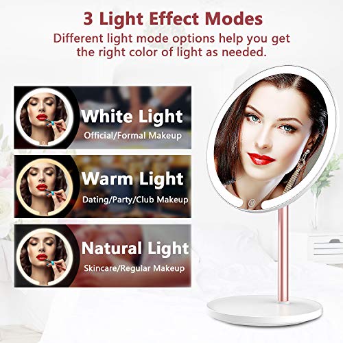 VERNBRIN Makeup Mirror with Led Lights,Magnetic Detachable Rose Gold Cosmetic Mirrors,1X/10X Magnification Vanity Mirror,Table and Wall Mount 2 in 1,360° Rotation,Touch Sensor,3 Color Lightings,USB