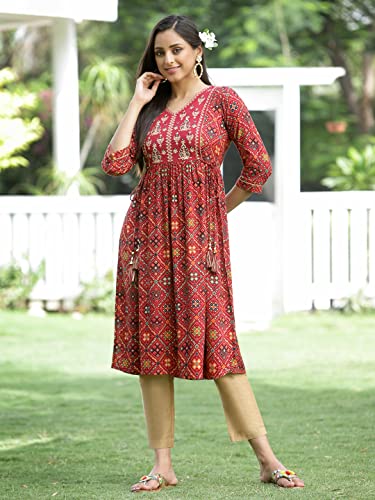 Image of Juniper Women's Rayon Festive Printed Flared Kurta for Women