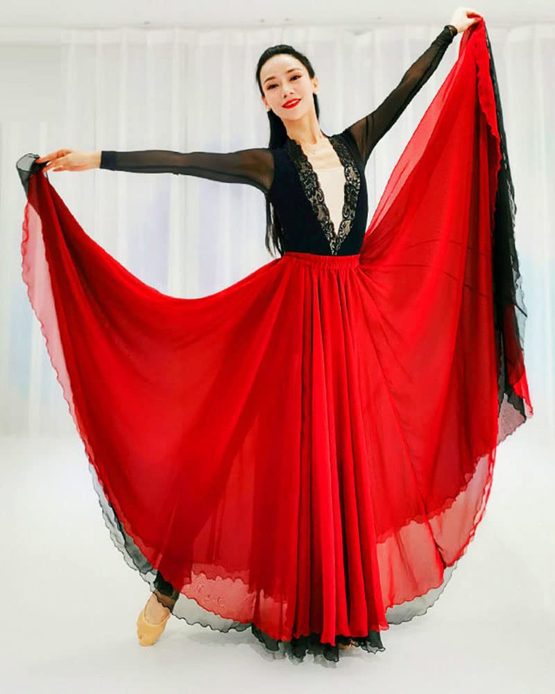 Femme 720 degrés Jupe Plissée Style National Classique Chinois Entraînement de Danse Jupe Longue Danse du Ventre Salsa Rumba Jupe Longue élégante à Volants et Cercle Complet