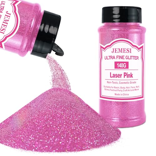 JEMESI Polvo de purpurina rosa láser, 140 g – 0,2 mm, ultrafina, purpurina para resina epoxi, manualidades, pintura en jarra, fabricación de velas; purpurina cosmética, polvo para uñas, pelo brillante