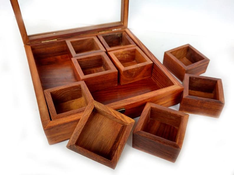 Image of THEHEARTWILL Sheesham Wooden Spice Box with 2 Spoons | Wooden Masala Box for Kitchen with Removable Partitions | Spice Box Wooden Namak Dani | Wood Masala Dabba Dani Container, 50 ml, Brown.