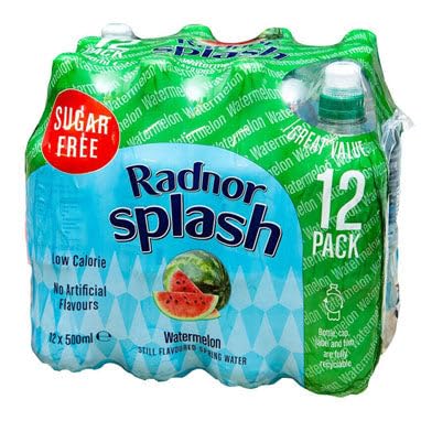 Radnor Splash Sugar Free Watermelon 12 x 500ml. Natural Welsh spring water with added Watermelon flavour. Sports Cap.