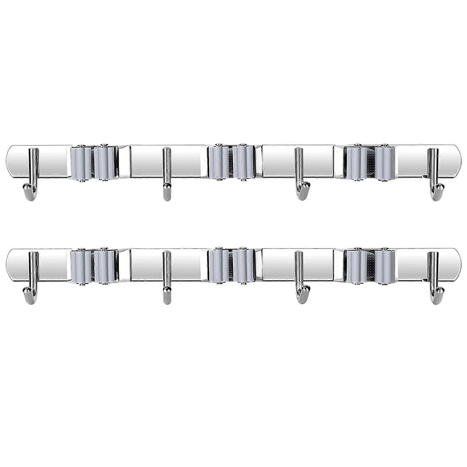 JOYHAPPST Broom Hoolder Stainless Steel 3 Clips and 4 Hooks Gray Mop Holder Pack of 2 for Kitchen