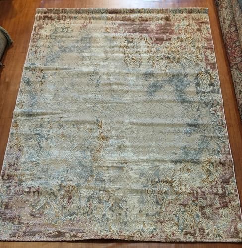 Image of 5x7 Feet (150x210 CM) Carpet for Living Room Hall & Bedroom - Ivory Multi Paisley Modern Abstract Geometric Silk-Touch Luxury Hotel-Style Washable Anti-Skid Turkish Area Rug