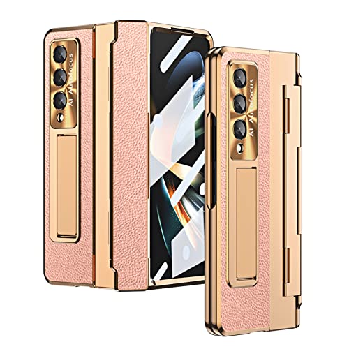 Galaxy Z Fold 3 Case, One-Piece Plating Housing Luxury Leather Cover With Kickstand And Screen Protector, Compatible With Samsung Galaxy Z Fold 3 5G 2021 (Pink) #TOP11