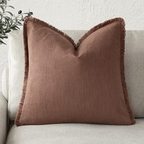 Image of Foindtower Decorative Linen Fringe Throw Pillow Covers Cozy Boho Farmhouse Cushion Cover with Tassels Soft Accent Pillowcase for Chair Sofa Bed Living Room Home Decor, 20x20 Inch,1PC,Rust Red