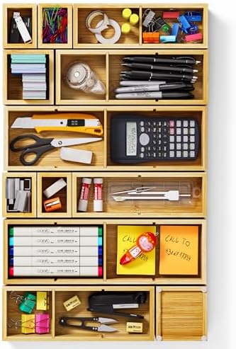 12-Piece Bamboo Desk Drawer Organizer Set – Adjustable Storage Boxes