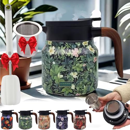 Termo For Té Con Estampado Floral Vintage: Infusor Integrado, Jarra Térmica Portátil Con Tapa(Green,800ml)