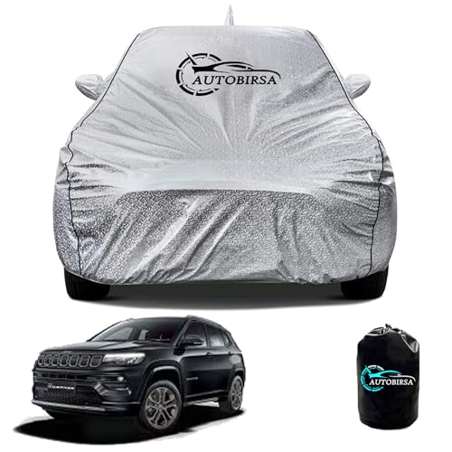 Image of Waterproof Car Body Cover for Jeep Compass with Mirror and Antenna Pocket and Soft Cotton Lining (4 Side Elastic Triple Stitched & Metallic Silver with Black Piping Style)