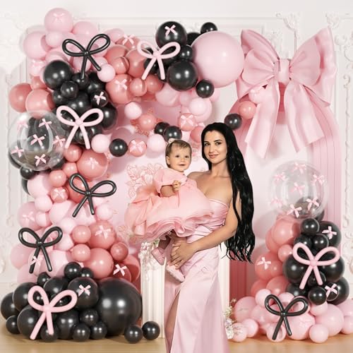 Image of Pink and Black Bow Balloon Arch Kit, JOGAMS 199Pcs Pink and Black Birthday Decorations with 260 Clear Balloons Ribbon Bow for Coquette Bow Theme Birthday Bachelorette Baby Shower Bridal Shower Wedding