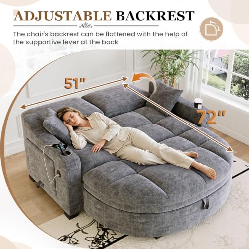 Image of 60 inch Loveseat Chaise Lounge Chair with Ottoman, Tufted Chenille Chaise Sofa with Storage & Adjustable Back / Side Table / USB Charging, Cozy Reading Lounge Chair and A Half for Living Room, Office, Grey