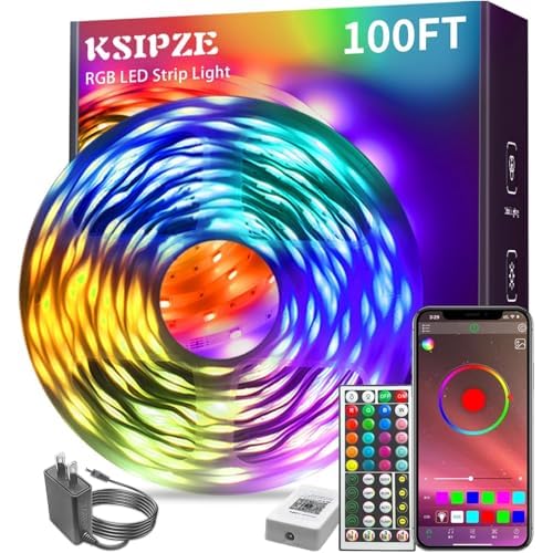 KSIPZE 100ft Led Strip Lights RGB Music Sync Color Changing Bluetooth Led Lights with Smart App Control Remote Led Lights for Bedroom Room Lighting Flexible Home Décor