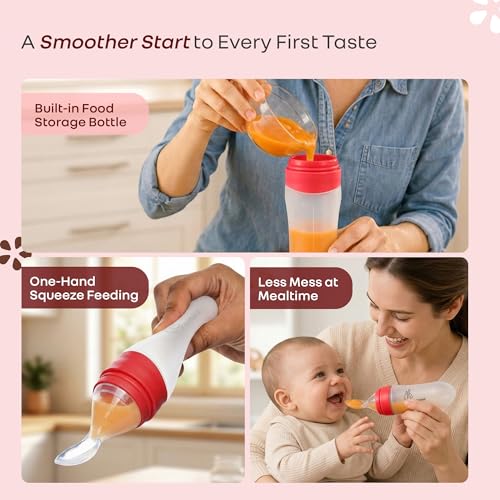 Image of R for Rabbit First Feed Food Feeder for Kids, 90ml Capacity, Premium Soft Silicone Spoon Food Grade BPA Free Material for Kids of 12+ Months (Red)