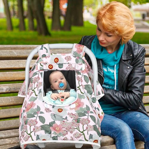Image of Baby Carseat Seat Cover Girls, Winter Carseat Canopy, Cozy & Warm Cover with Zipper Peep Windows, Infant Minky Carrier Cover, Soft Breathable, Baby Must Have, Retro Flower