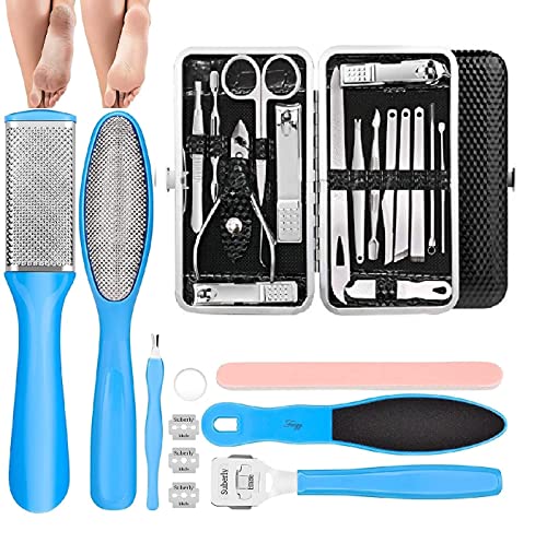BLD Shine Pedicure Kits – Callus Remover for Feet, 23 in 1 Professional Manicure Set Pedicure Tools Stainless Steel Foot Care, Dead Skin for Women & Men Foot Spa Kit, Blue
