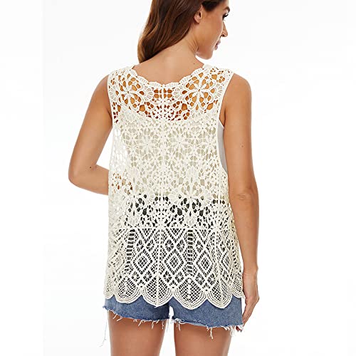 Image of Womens Floral Crochet Lace Boho Trim Sleeveless Open Front Vest Cardigan