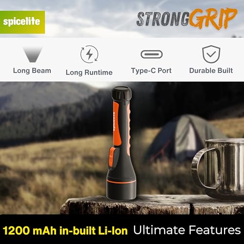 Image of 5W High Power LED Rechargeable Torch Light | 1KM Long Range Beam | Up to 6 Hours Backup | 2 Light Modes | 500 Lumens | ABS Body Unbreakable | IP 20 Rated | USB Type C Fast Charging