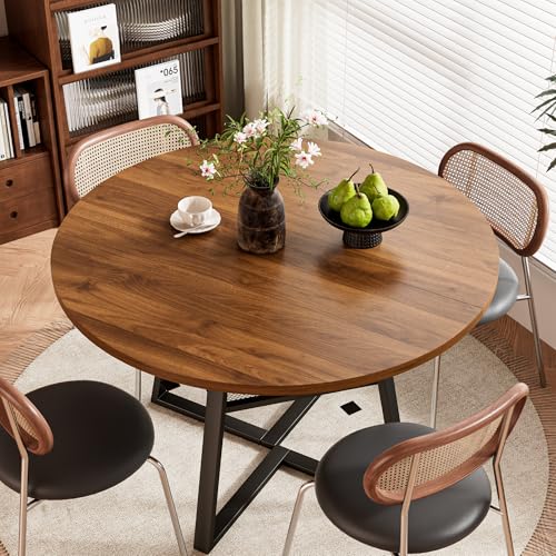 Image of 47 Inch Round Dining Table for 4-6, Space Saving Circle Kitchen Table with Storage, Mid Century Modern Dinner Table with Metal Legs, Wooden Farmhouse Dining Room Table for Living Room, Walnut