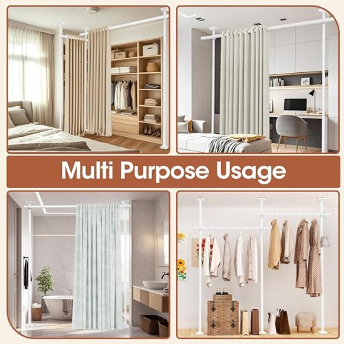 WELDUN Raumteiler Paraventgestell Gardinenstangen, Freistehend Trennwand Paravent ohne Vorhang, Sichtschutz für Wohnzimmer, Schlafzimmer oder Büro 227–312 cm (H), 71–178 cm (B), Weiß