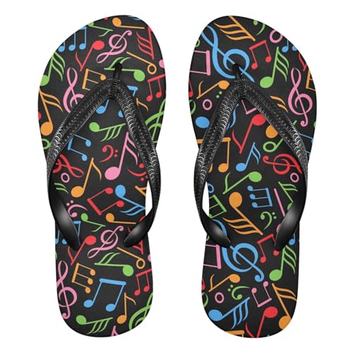 ALAZA Colorful Music Notes Black Flip Flops for Women Fashion Beach Slippers Comfort Mens Flip Flops Non-Slip Rubber Shower Slippers Sandal for Hotel Travel Sport,XS