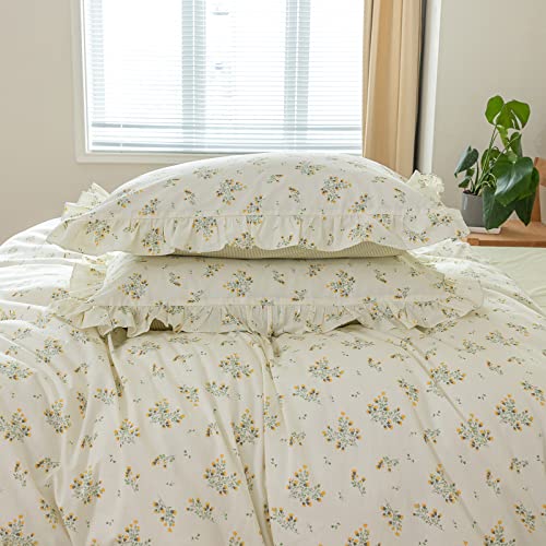 Aojim Ruffle Duvet Cover 100% Cotton Queen Size (90X90 Inch), Farmhouse Chic Comforter Cover Set With Green Dreamy Floral, Soft Breathable Vintage Style Quilt Cover 3 Pieces (No Comforter) #TOP5