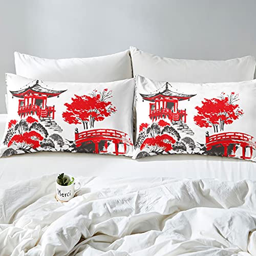 Chinese Ink Painting Pattern Duvet Cover Set Watercolor Gazebo River Bridge Bedding Set King For Girls Men Landscape Beds Set White Black Red Decor - Image 2