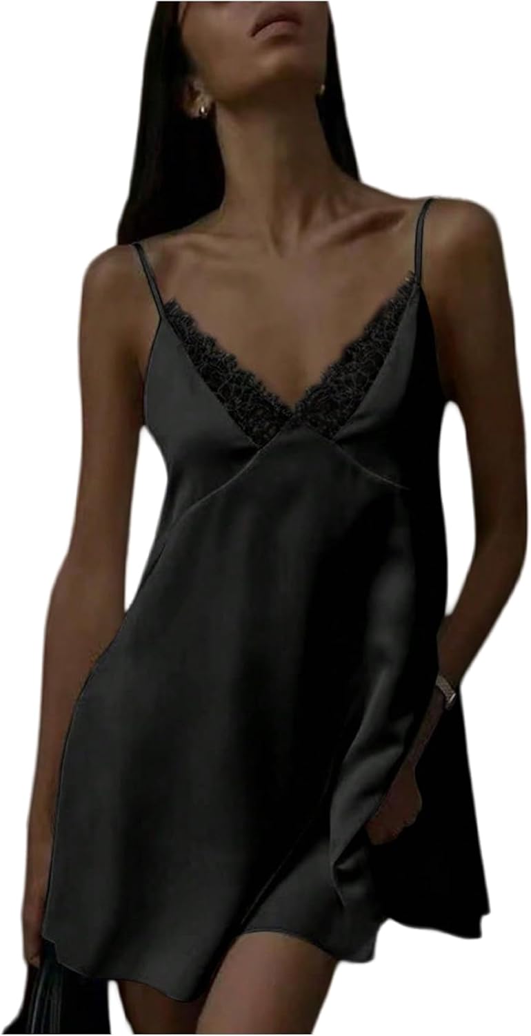 GORGLITTER Women's Lace V Neck Satin Dress Spaghetti Strap Tie Backless Sexy Wedding Guest Party Mini Dresses