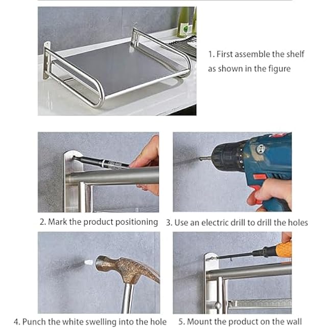 Gdrasuya10 Wall Mount Microwave Oven Rack Hanging Stainless Steel Microwave Oven Storage Shelf with 6 Hooks Single Layer Multifunctional Kitchen Storage Holder for Bathroom Living Room Office