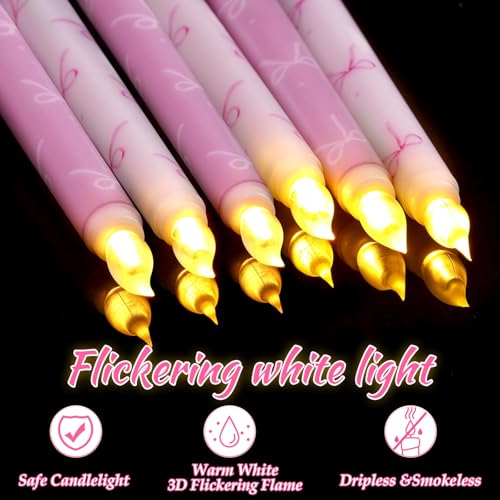 Image of Conelist 6 Pcs Pink Bow Flameless Taper Candles 10.6 Inch Coquette LED Battery Operated Candles for Birthday Bridal Wedding Dinner Room Decor