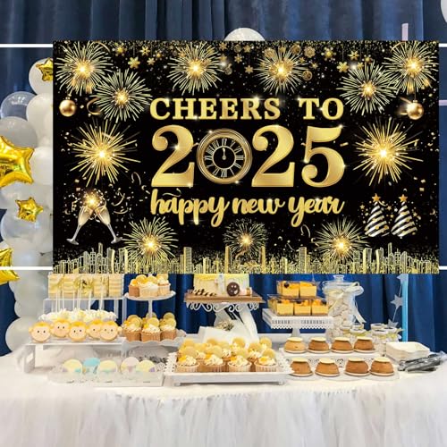 Famoby Gold Happy New Year Hanging Banner Porch Sign With Fabric Sign Poster Background Photo Booth Backdrop For New Year Party Decorations thumb #3