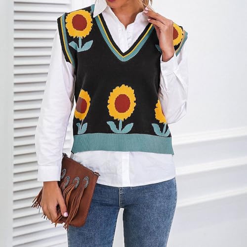 Image of Women's Sweater Vest,Y2K Sleeveless Pattern Preppy Style Knitted Crop Tank Top for Girl