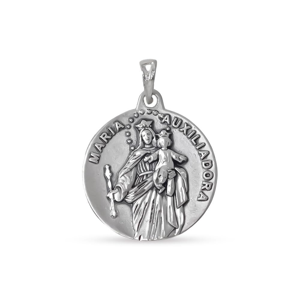 Virgen María Auxiliadora Medalla Plata Ley 925m maciza 24mm.. Grabación incluida en el precio - Personalizable - GRABACIÓN INCLUIDA EN EL PRECIO
