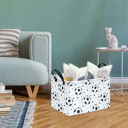 Image of Kids Storage Basket with Soccer Print, 14.5 inch x 10.2 inch x 9.1 inch, Waterproof with Leather Handles, Collapsible Rectangular Bin for Boys Sports Gear, Toys & Laundry