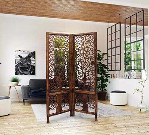Image of Artesia Wooden Handcrafted 2 Panel Room Divider Without Stand Partition for Living Room | Foldable Privacy Screen with Tree of Life Carved Design | Decorative Partition Wall Panel for Home, Bedroom