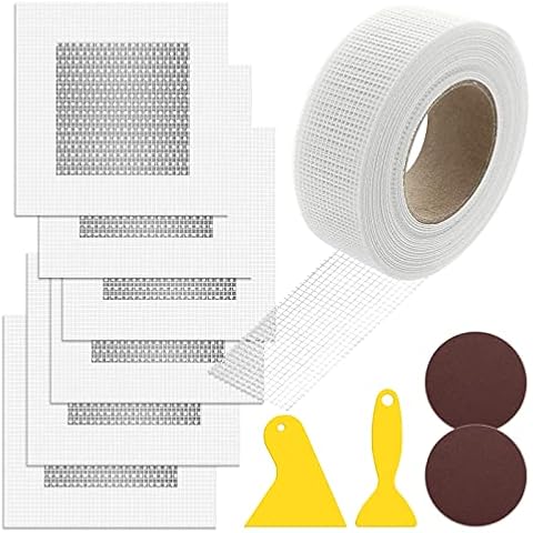 Daily Treasures Wall Repair Kit, 6Pcs Plasterboard Wall Patches(4") & 1 Roll Drywall Scrim Tape(50mm x 20m) with 2 Sandpaper, Plus 2 Putty Knife-Self Adhesive Wall Patch Safe Mend Plaster Repair Kit Cover