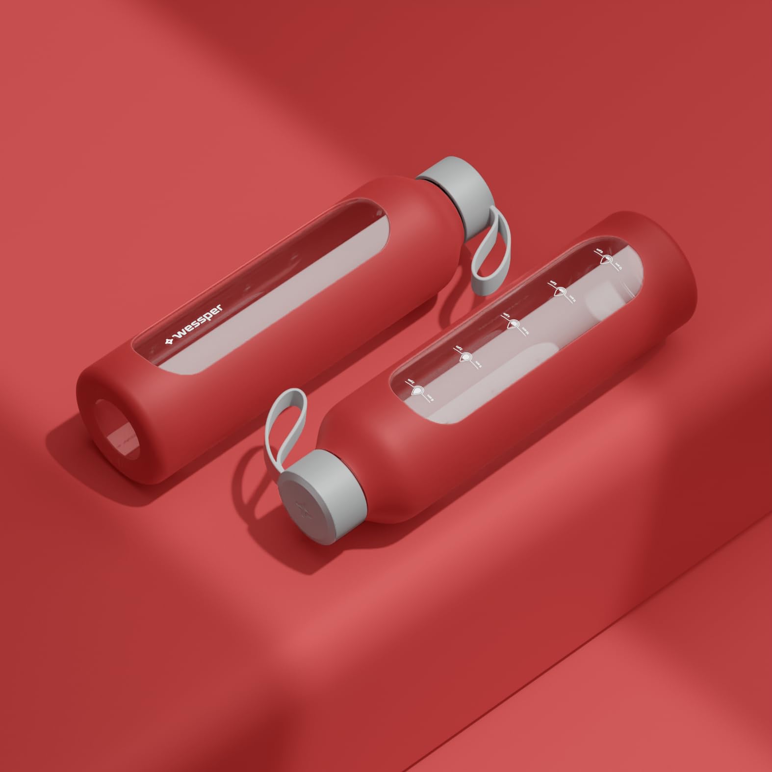 Wessper Borraccia in vetro rivestimento in silicone, bottiglia in vetro borosilicato con indicazione del tempo 1 litro, borraccia sportiva Ideale per fitness, scuola, sport, bambini – Rosso