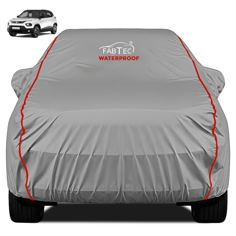 FABTEC Waterproof Premium Car Cover for Tata Punch (2020-2023) Super Waterproof Car Body Cover with Mirror Pocket Heavy Duty Durable PEVA Grey with Red Piping