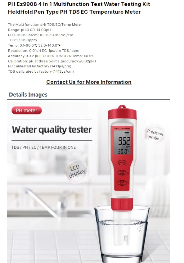 Image displaying the technical specifications and measurement ranges of the EZ9908 meter, including pH, EC, TDS, and temperature.