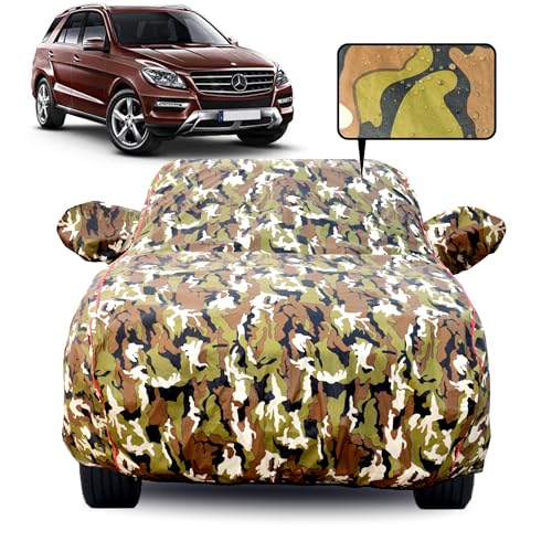 Image of Waterproof Car Body Cover for Mercedes M Class with Mirror Pocket, Soft Cotton Lining, Triple Stitched, Full Bottom Elastic (Heat Resistant Jungle Print with Red Piping)