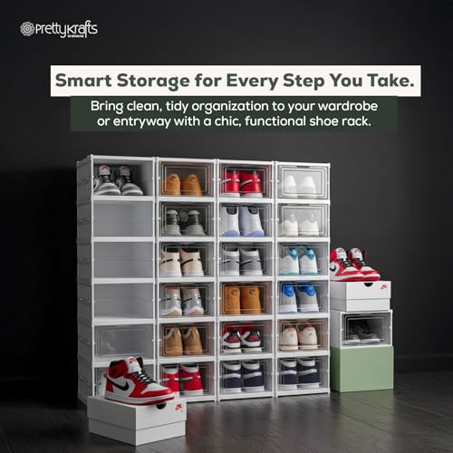 Image of PrettyKrafts 6-Tier Collapsible Shoe Rack with Door | Heavy Duty Plastic Sneaker Crates | Transparent Shoe Boxes | Sneaker Shoe Stand | Organiser for Heels, Boots, Loafers, Slippers (26 x35 x 90 cm)