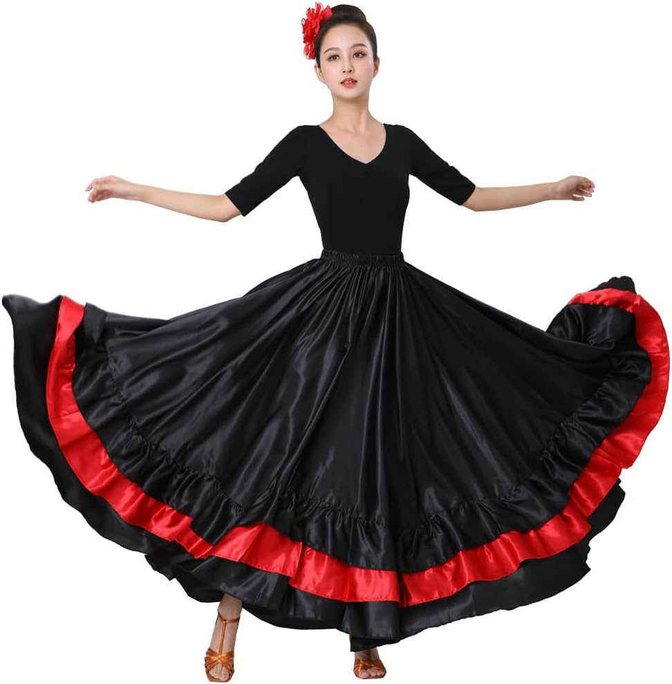 SANCAN Womens Ruffle Full Long Spanish Flamenco Dance Skirt | Bull Folkloric, Mexican, Bomba y Plena, Flowy Dancing Dress Costume Cosplay