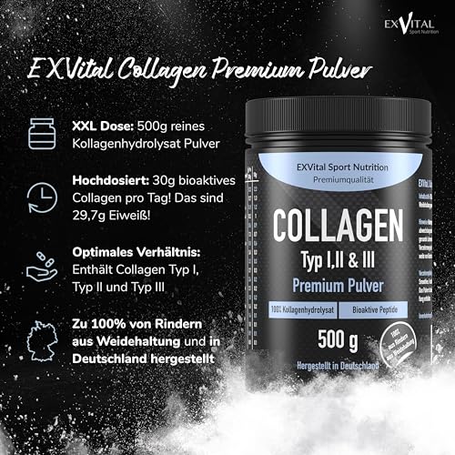 Collagen Pulver 500 Gramm - Bioaktives Kollagen Hydrolysat Peptide, Eiweiss Pulver- Geschmacksneutral, Kollagen Typ 1, 2 & 3 Lift Drink, hochdosiert