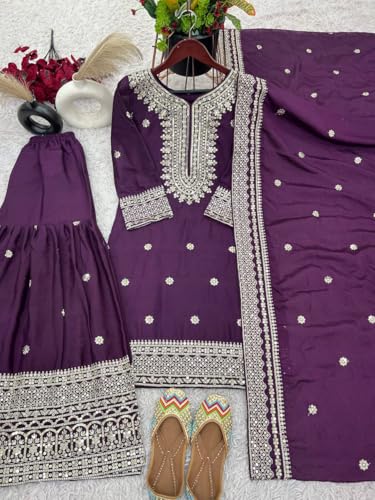 Image of Women's Heavy Embroiderd Work Purple Color Weding Wear Straight Kurta Sharara Set for Women with Dupatta