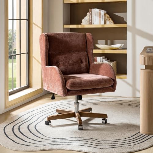 Image of HULALA HOME Modern Swivel Office Chair with Solid Wood Base, Rust | 360 Swivel Executive Task Chair with Button-Tufted, Adjustable Height Wingback Desk Chair, Wide Seat Computer Chair for Home