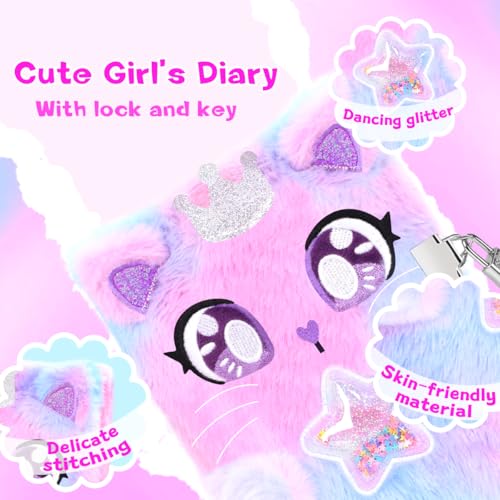 Image of rinBarBee Diary for Girls with Lock and Keys,Tie-Dye Fuzzy Journal for Kids,Hardcover Fluffy Locking Notebook for Writing and Drawing,4-12 Year Old Girl Birthday