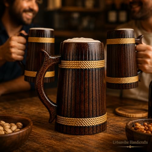 Image of Handcrafted Wooden Beer Bar Combo Set|Beer Mug |Barrel Shaped Jumbo Mug| (Thin Lines)(Set of 3) (2 Small Beer Mug 350ML Each & 1 Beer Jug Large 750ML)