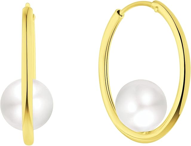 JO WISDOM Pearl Hoop Earrings,925 Sterling Silver 7mm Pearl 1.5 * 20 Hoop Earrings with White Gold Plated,Wedding Earrings for Women
