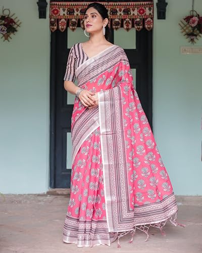 Image of Kaugalian store Linen Cotton Floral Printed Saree for Women with Unstitched Blouse Piece | 5.5 M Saree & 0.8 M Blouse
